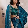 Teal Blue Silk Saree Golden Zari Embroidery Border Matching Blouse