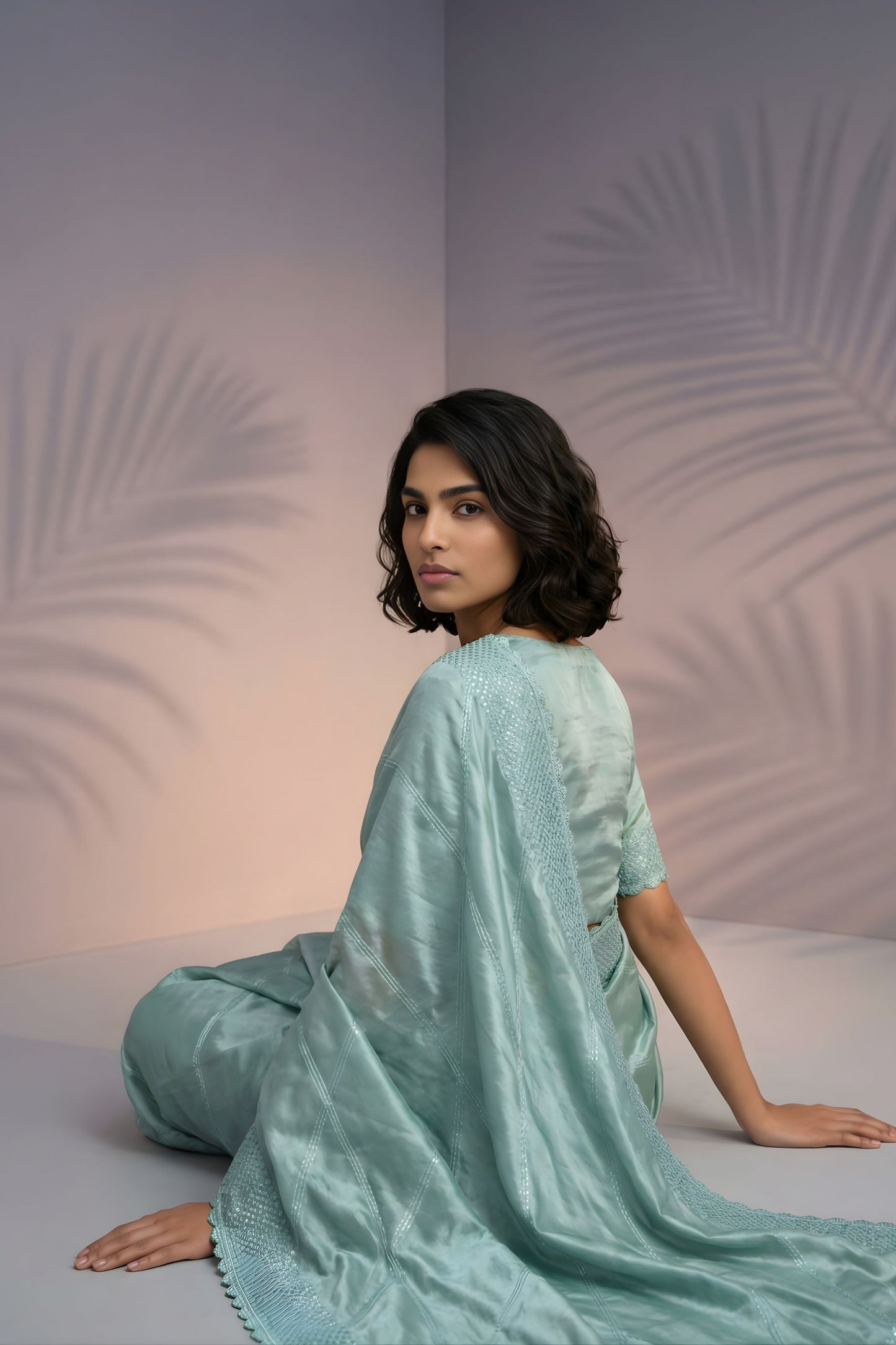 Sea Green Silk Saree with Embroidered Border Designer Blouse