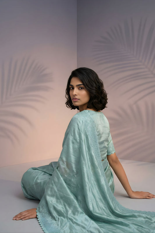 Sea Green Silk Saree with Embroidered Border Designer Blouse