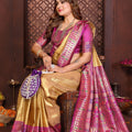 Designer Banarasi Silk Saree in Gold with Rich Pink Meenakari Work Festive Saree
