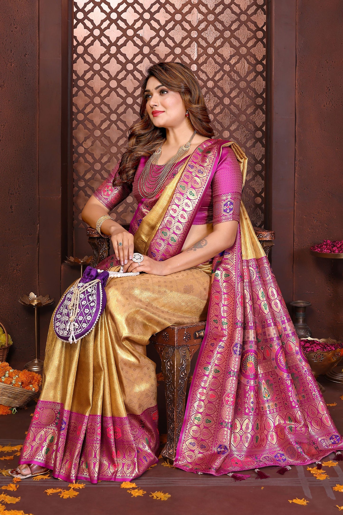 Designer Banarasi Silk Saree in Gold with Rich Pink Meenakari Work Festive Saree