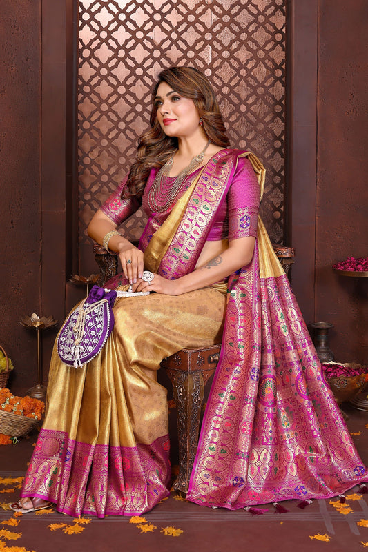 Designer Banarasi Silk Saree in Gold with Rich Pink Meenakari Work Festive Saree