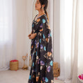 Black Floral Digital Printed Linen Saree with Designer Lace Border