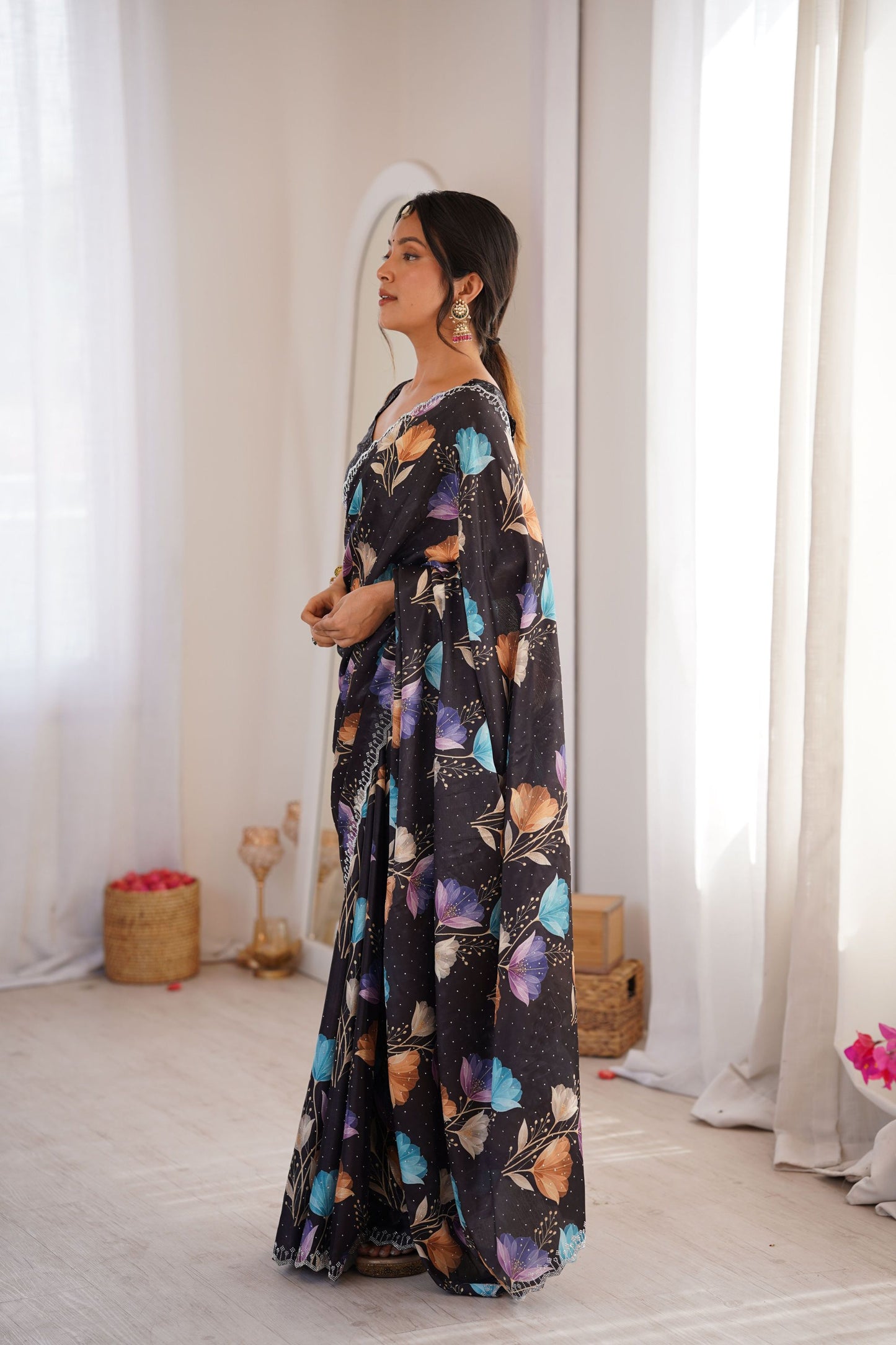 Black Floral Digital Printed Linen Saree with Designer Lace Border