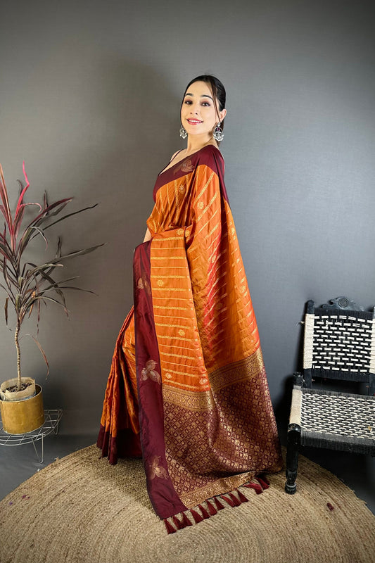 Rust Orange and Maroon Banarasi Silk Saree with Rich Zari Weaving