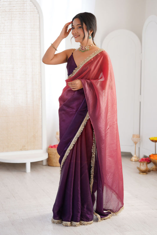 Purple Organza Silk Saree Designer Gold Lace Border Matching Blouse