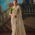 Beige Embroidered Silk Saree with Green Blouse Festive Wear 