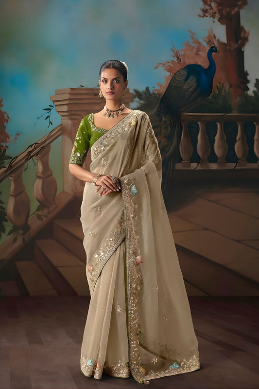 Beige Embroidered Silk Saree with Green Blouse Festive Wear 