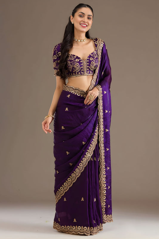 Deep Purple Silk Saree Heavy Zari Embroidered Border Designer Blouse