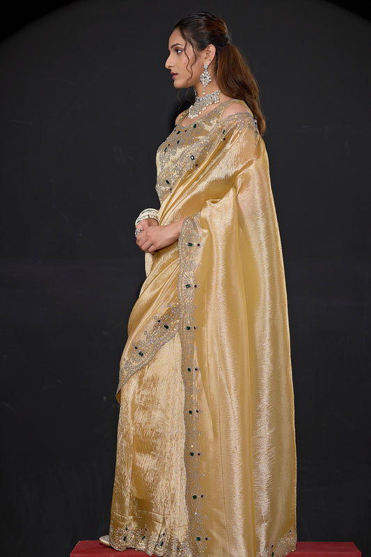 Royal Gold Shimmer Silk Saree with Heavy Zari Stone Embroidered Border