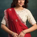 Red And Off-White Georgette Saree with Embroidery Border Designer Border