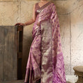 Pink Banarasi Silk Saree with Purple Zari Border Floral Weaving Saree