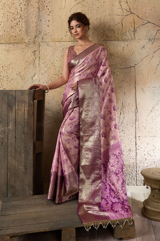 Pink Banarasi Silk Saree with Purple Zari Border Floral Weaving Saree