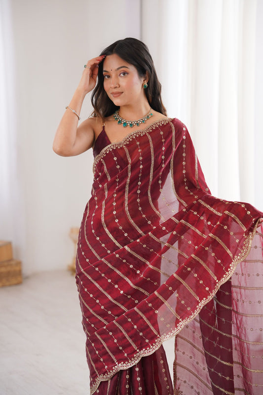 Maroon Organza Silk Saree Golden Zari Embroidery Designer Blouse