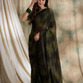 Olive Green Black Striped Georgette Saree with Printed Blouse
