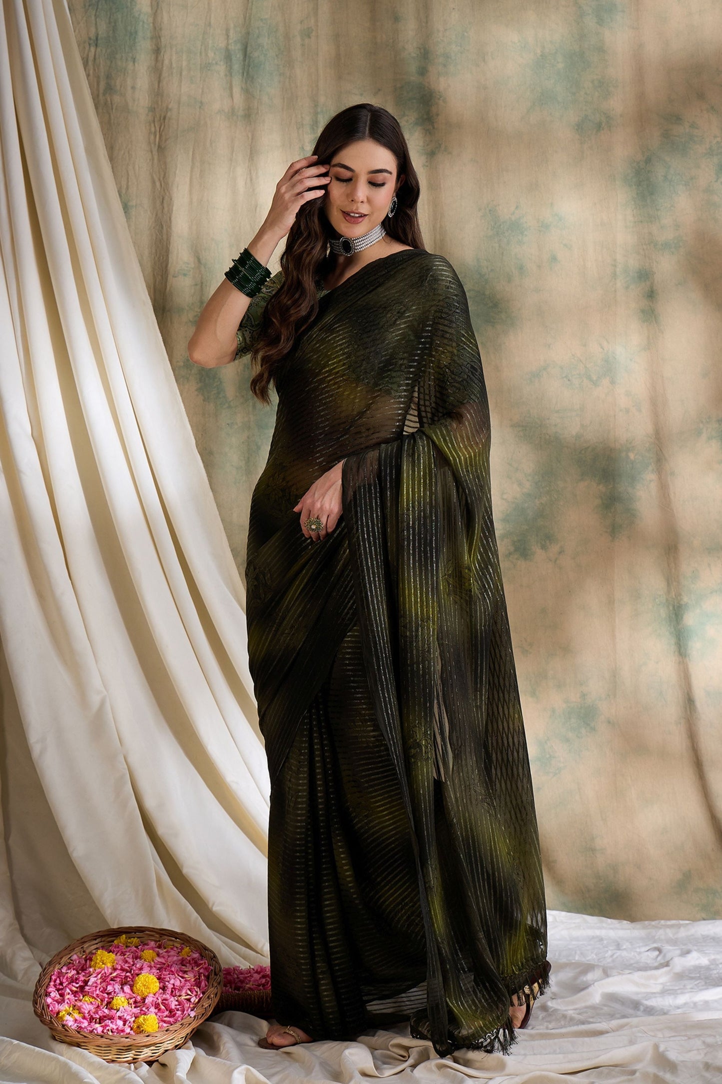 Olive Green Black Striped Georgette Saree with Printed Blouse