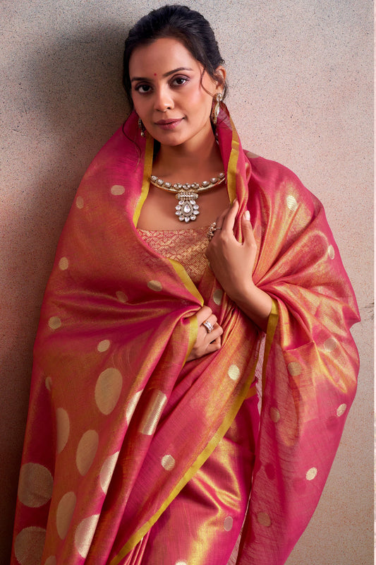 Rani Pink Silk Saree with Golden Zari Polka Dot Weaving Designer Saree