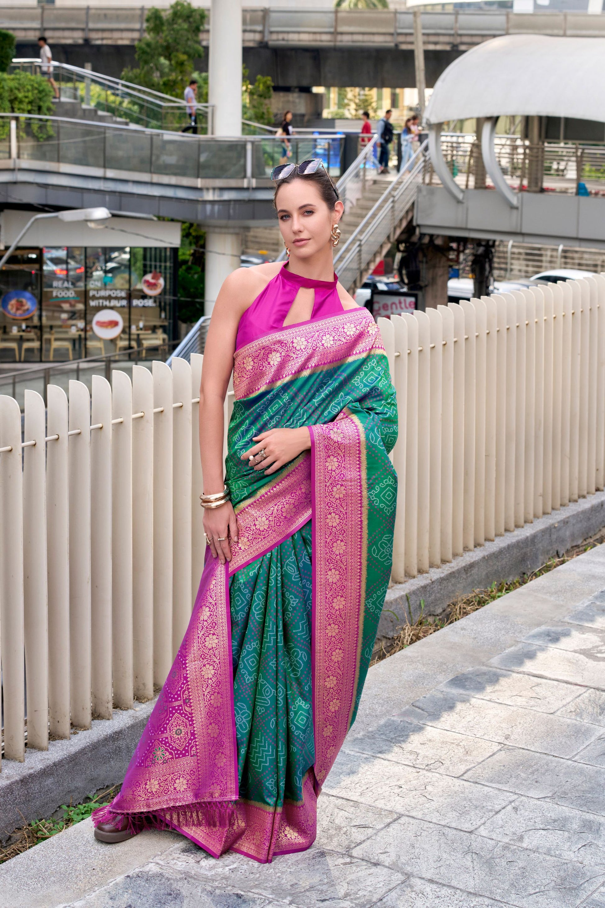 Green Pink Banarasi Patola Silk Saree with Rich Zari Border