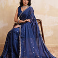 Navy Blue Georgette Saree with Silver Zari Border Butti Work