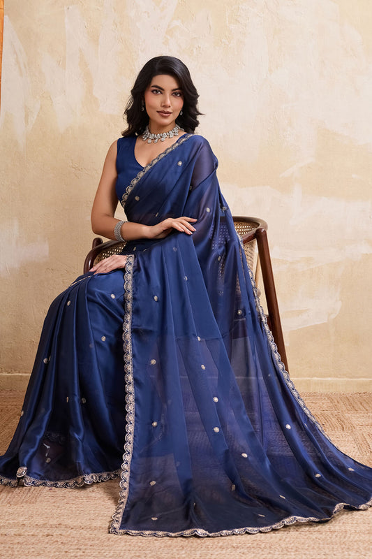 Navy Blue Georgette Saree with Silver Zari Border Butti Work