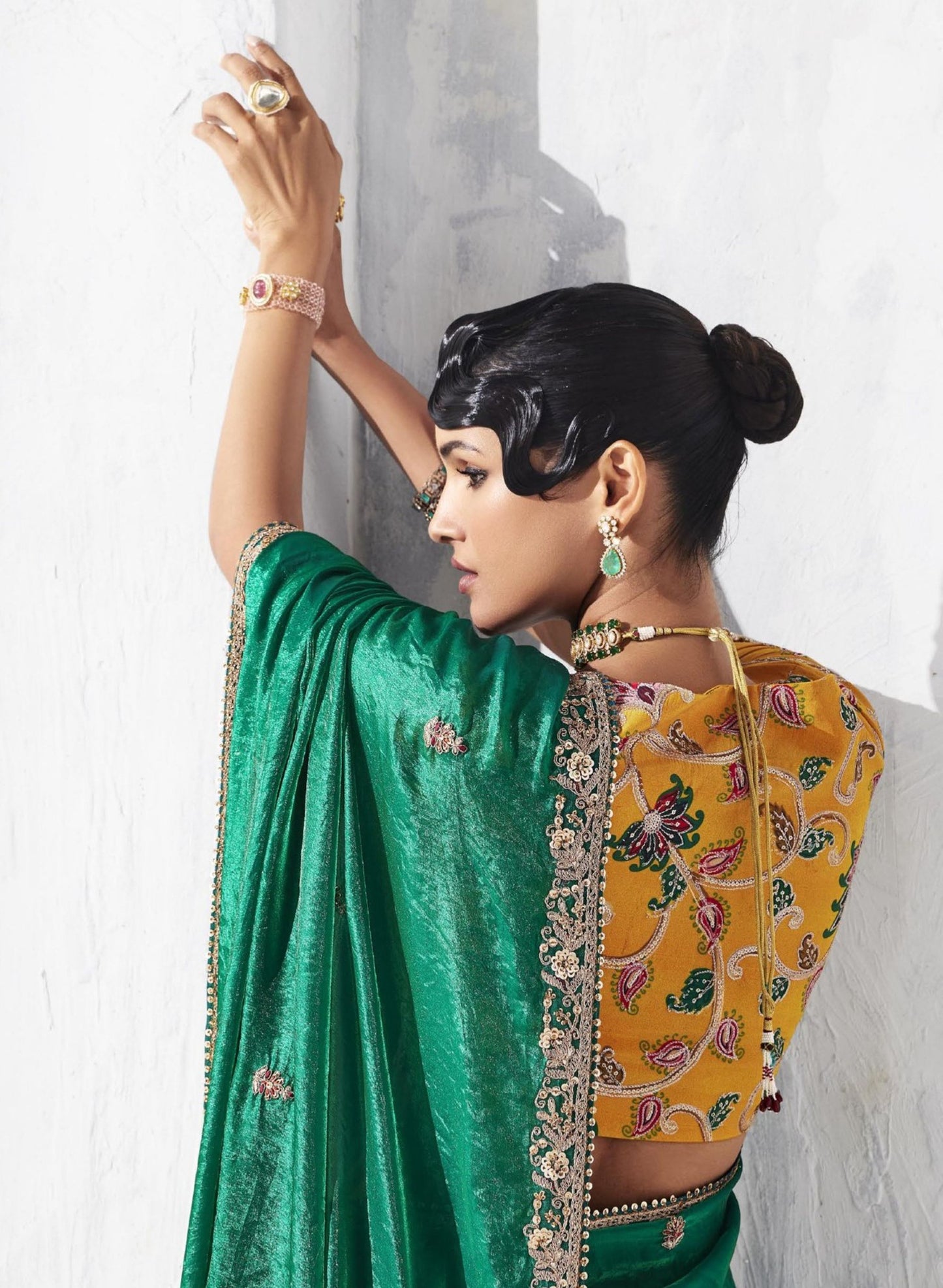 Designer Green Organza Saree Border Mustard Yellow Blouse