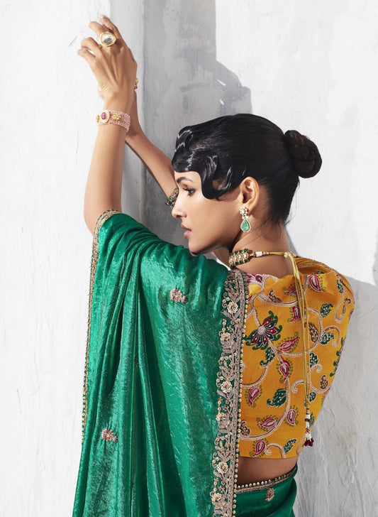 Designer Green Organza Saree Border Mustard Yellow Blouse