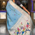 Sky Blue Tussar Silk Saree Multicolor Bird Floral Motif Pallu