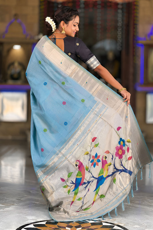Sky Blue Tussar Silk Saree Multicolor Bird Floral Motif Pallu