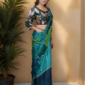 Teal Navy Blue Silk Saree with Contrast Floral Blouse Party Wear