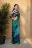 Teal Navy Blue Silk Saree with Contrast Floral Blouse Party Wear