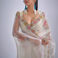 Off White Organza Saree with Floral Embroidery Border