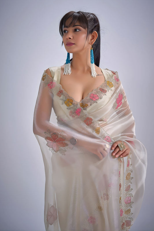 Off White Organza Saree with Floral Embroidery Border