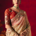 Beige Silk Embroidered Saree Zari Border Red Designer Blouse
