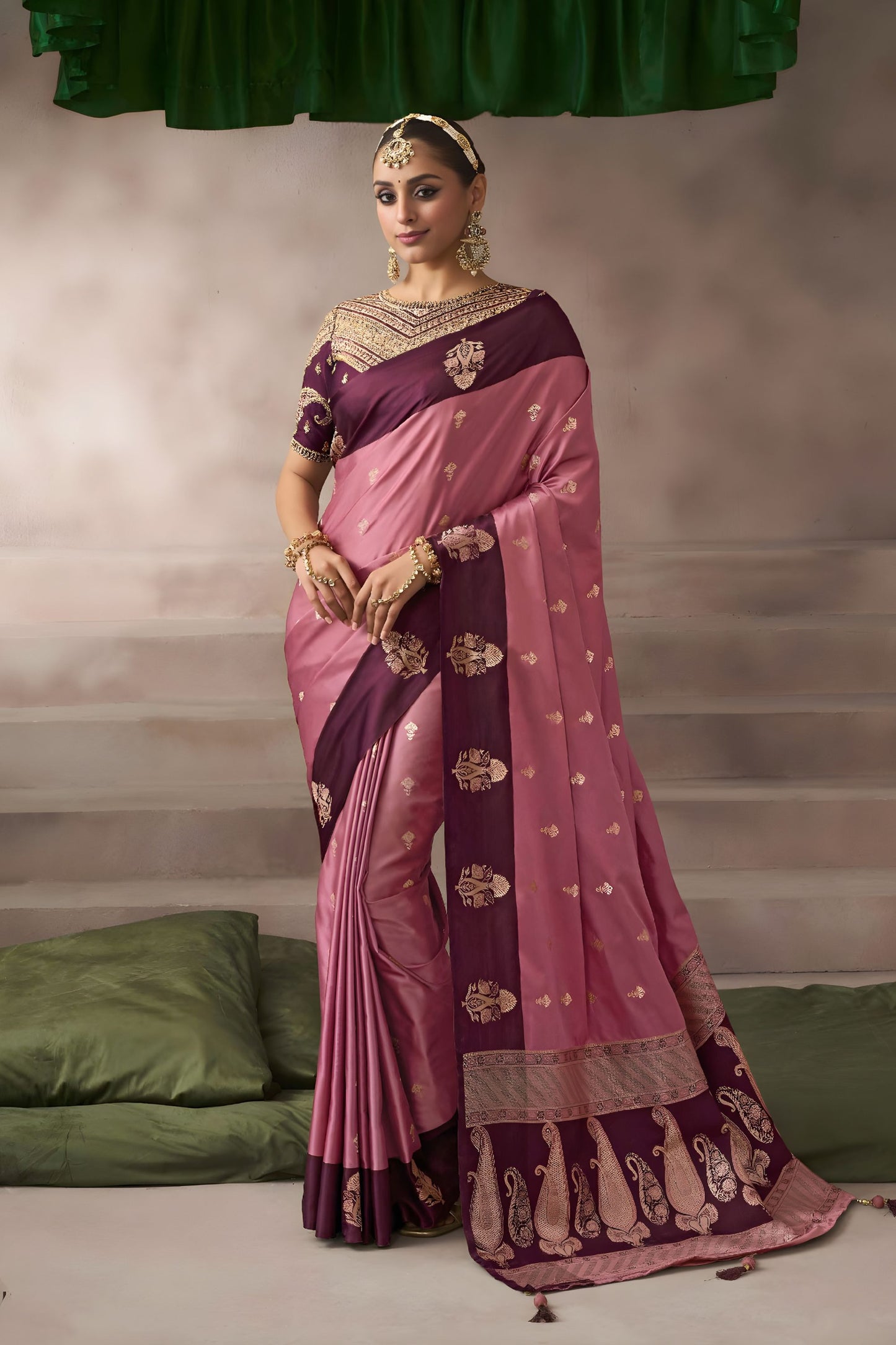 Dusty Pink Silk Saree with Wine Purple Contrast Border