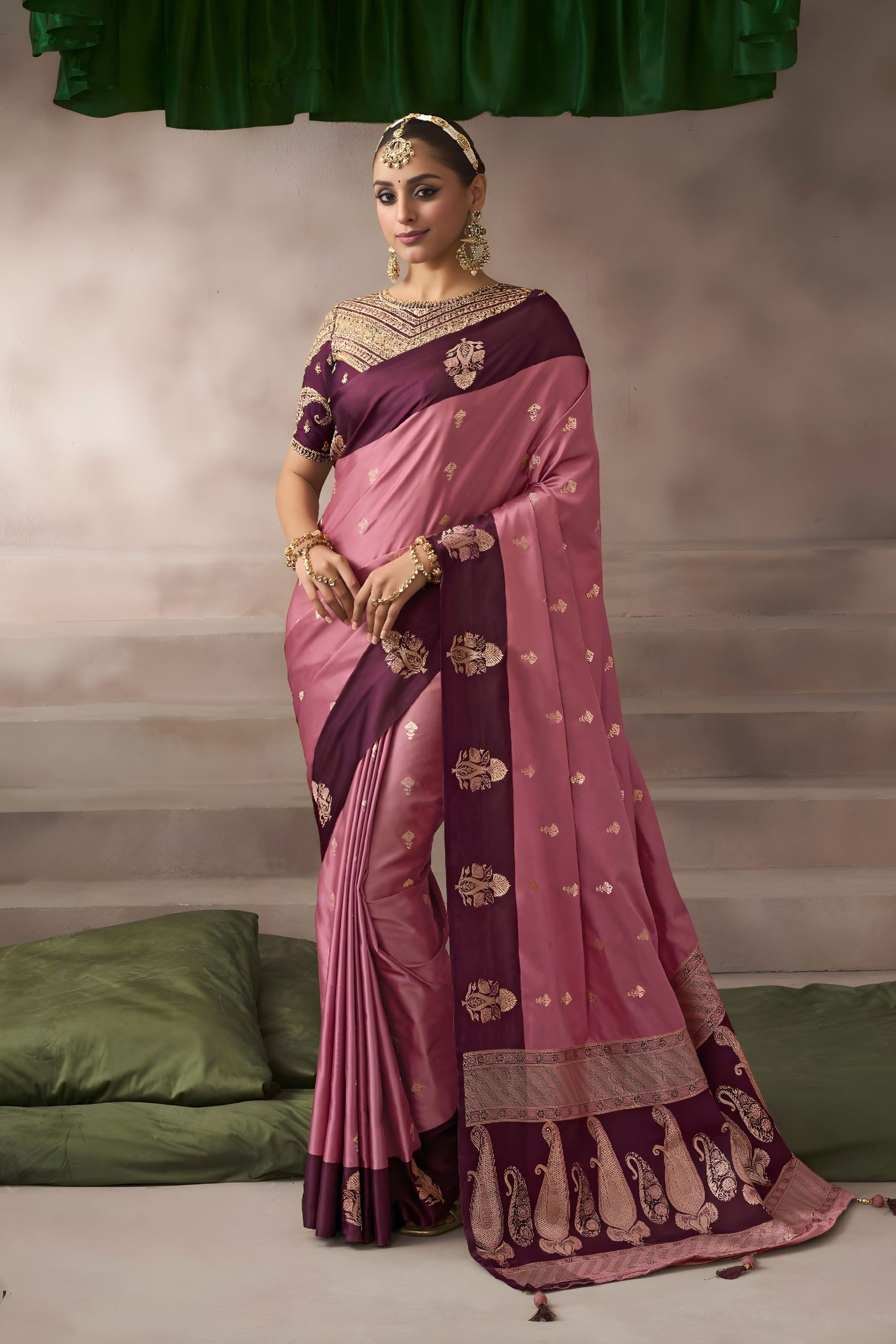 Dusty Pink Silk Saree with Wine Purple Contrast Border