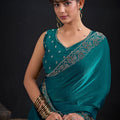 Teal Green Silk Saree Antique Silver Zari Border Party Wear Saree