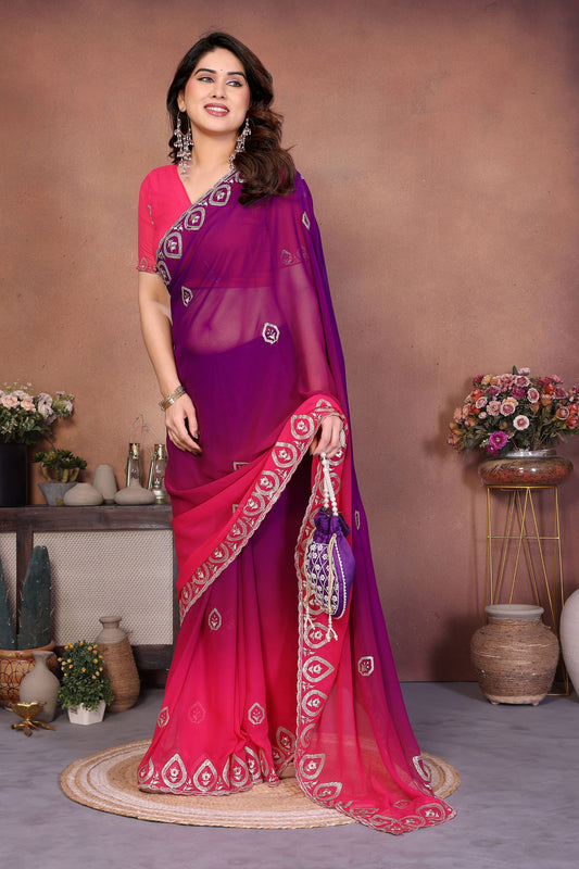 Pink and Purple Georgette Saree Embroidered Border Work