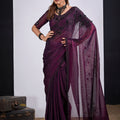 Wine Purple Organza Saree Black Floral Embroidery Designer Saree
