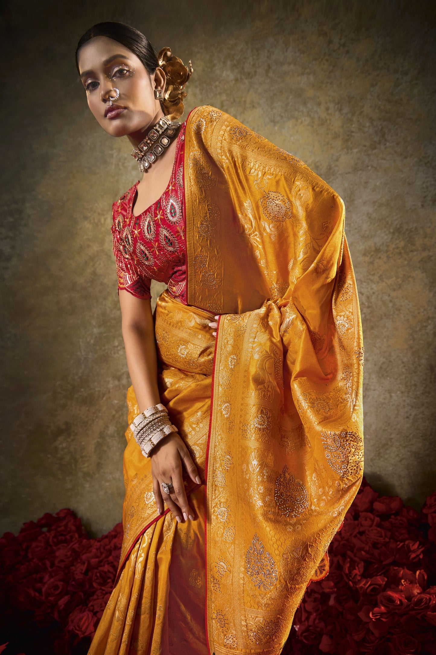 Mustard Yellow Banarasi Silk Saree Rich Gold Zari Weaving Embroidered Border