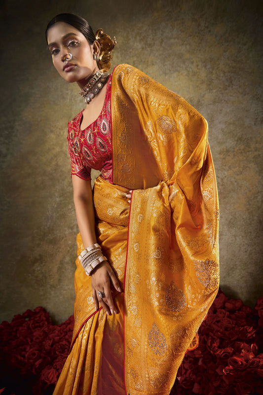 Mustard Yellow Banarasi Silk Saree Rich Gold Zari Weaving Embroidered Border