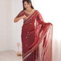 Wine Red Organza Silk Saree Golden Thread Embroidery Designer Blouse