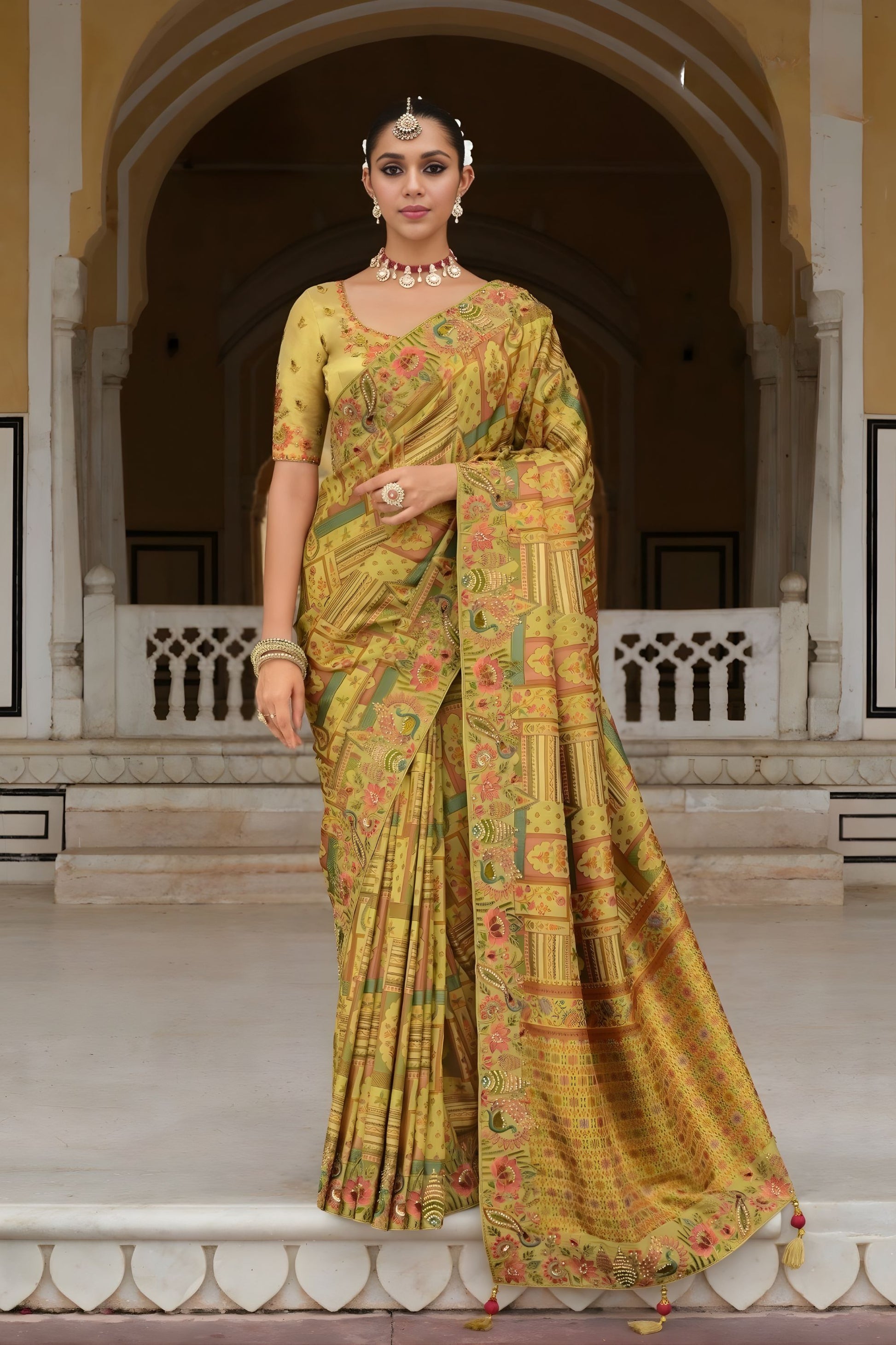 Traditional Olive Green Woven Silk Saree Wedding  Wear