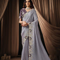 Grey Designer Saree with Heavy Embroidered Border Purple Blouse