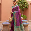 Magenta Silk Saree Teal Green Contrast Border Zari Weaving Festive Wear