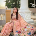 Peach Linen Silk Saree with Multicolor Floral Print Woven Border