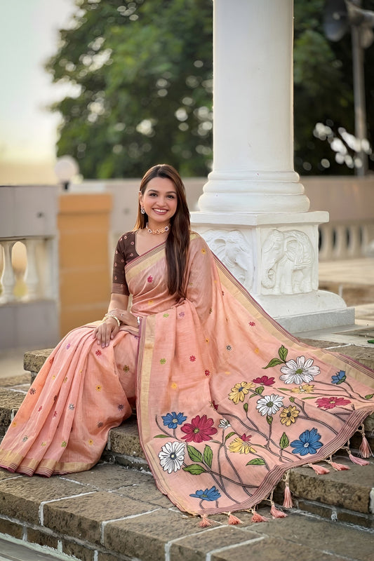 Peach Linen Silk Saree with Multicolor Floral Print Woven Border