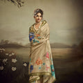 Beige Linen Silk Saree Floral Digital Print Designer Tassel Pallu