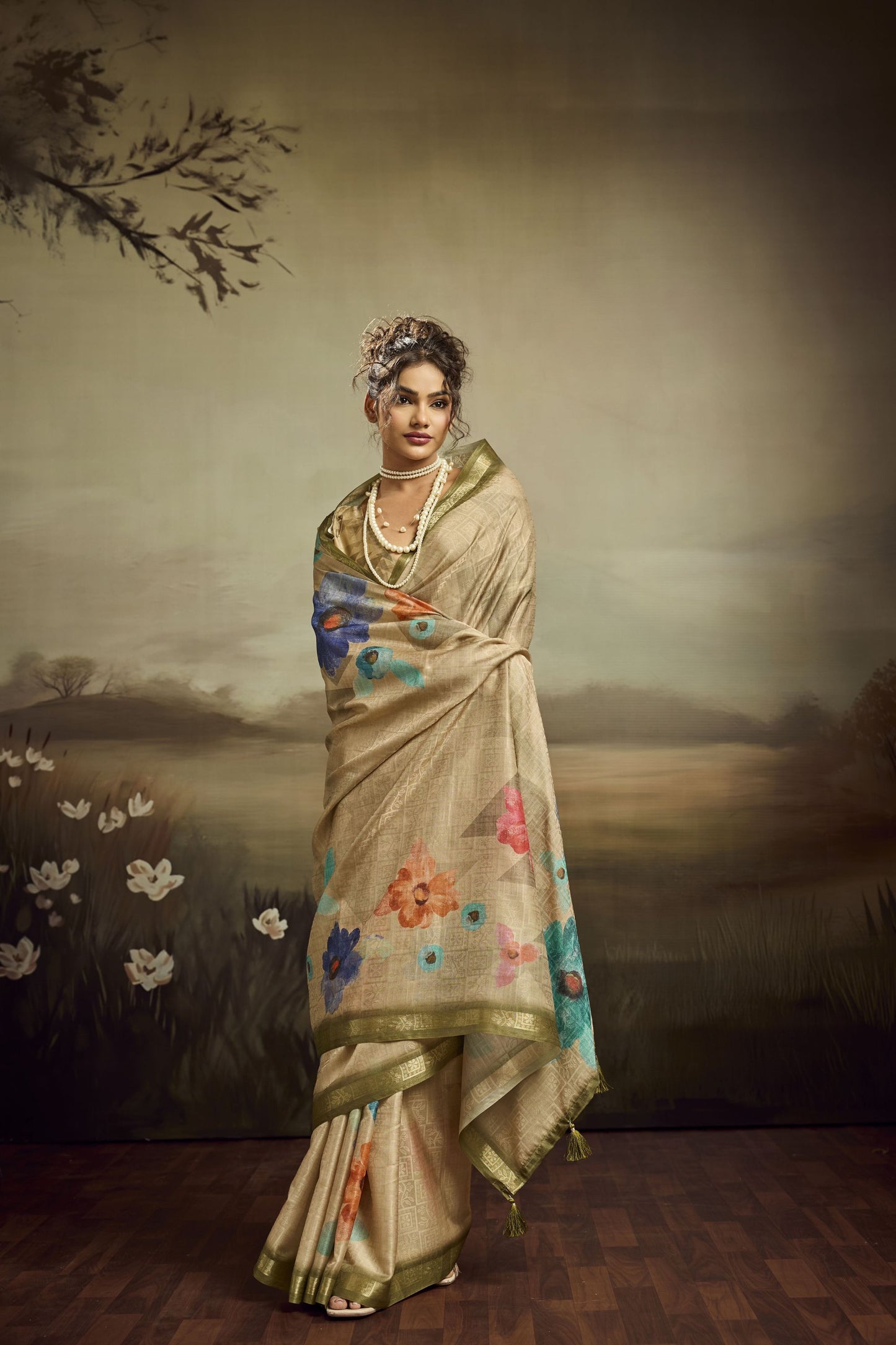 Beige Linen Silk Saree Floral Digital Print Designer Tassel Pallu