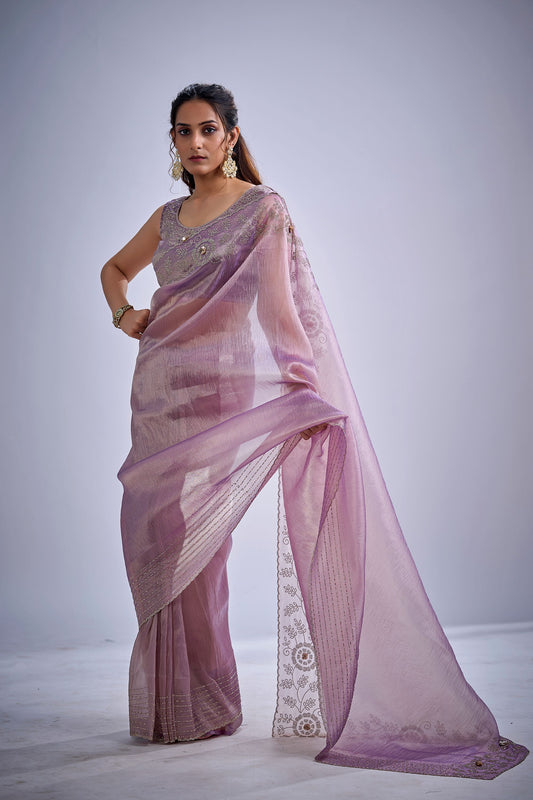 Lavender Pink Silk Saree with Zari Embroidery Designer Blouse