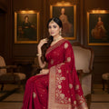 Wine Red Banarasi Silk Saree with Gold Zari Floral Weaving Traditional Wear